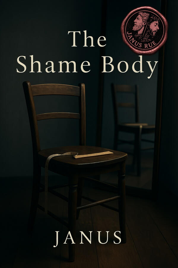 Cover of “The Shame Body” by Janus Rue — a literary erotica novella exploring embodied shame, clinical intimacy, and sacred male exposure through stillness, ritual, and witnessing.