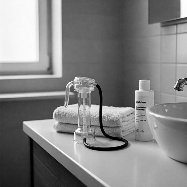 Glass vacuum pump on clean bathroom counter with towel and lubricant bottle, symbolizing clinical arousal and ritual exposure.